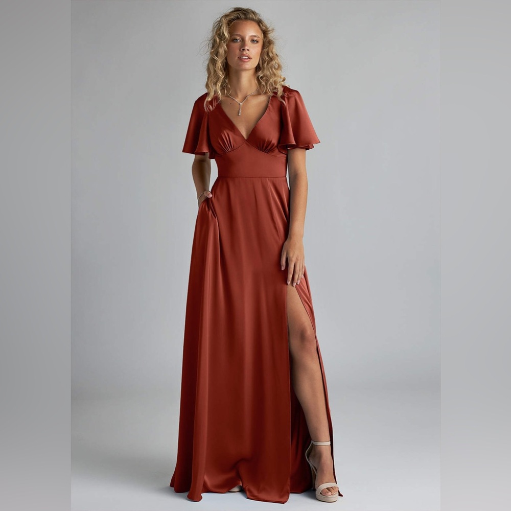 Azazie Rust Satin A-Line Maxi Dress Sz 8 Bridesmaid Formal Wedding Guest Slit